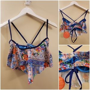 Profile Blush swimwear/ bralette with blue pattern poly fabric layered, SM, NWT